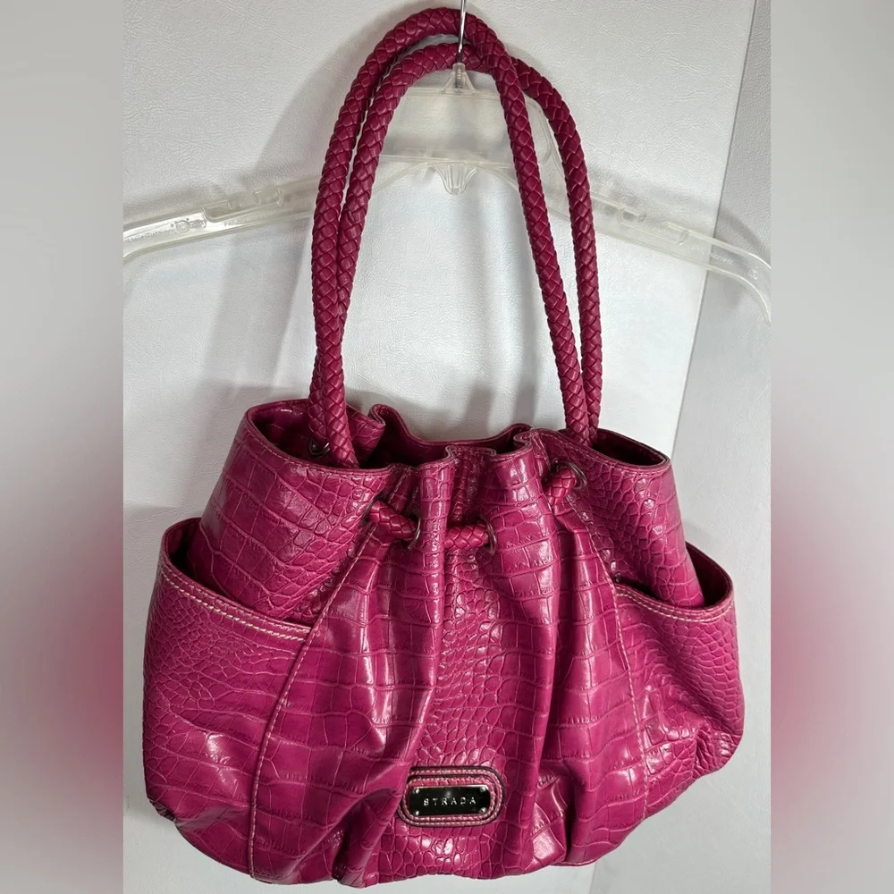 Strada Dark Pink Purple Faux Crocodile Hobo Shoulder Bag Drawstring Braid Handle